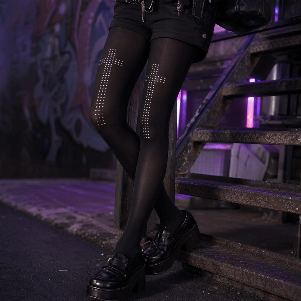 Punk Cross Pantyhose Vintage Rhinestone Stockings Fashion Black Gothic Tights  Halloween