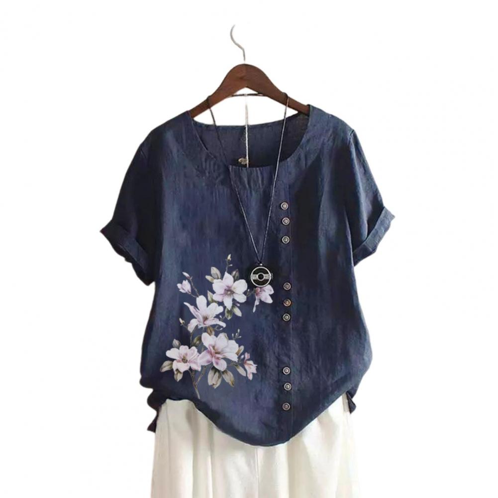 Women Summer T-shirt Round Neck Short Sleeve Flower Print Tee Shirt Buttons Decor Loose Fit Casual Tops Daily Wear