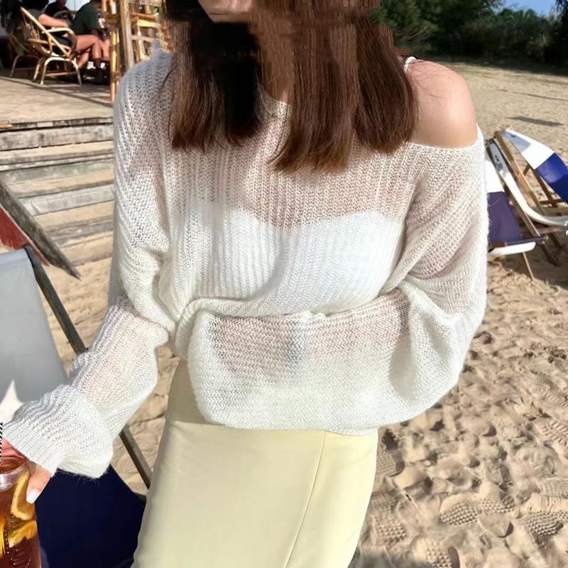 Women's Knitted Sweaters Thin See Through Casual Oversized Long Sleeve Sweater Lady Sexy Hollow Out Mesh Pullover Beach T-shirts