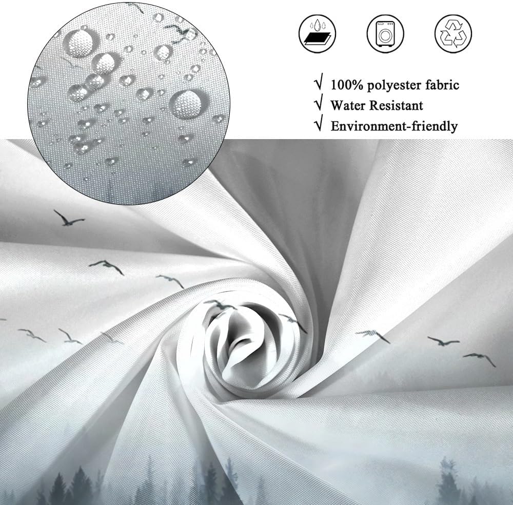 Misty Forest Shower Curtain Set Foggy Pine Trees Birds Nature Landscape Bathroom Decor Grey Rustic Woodland Shower Curtains for