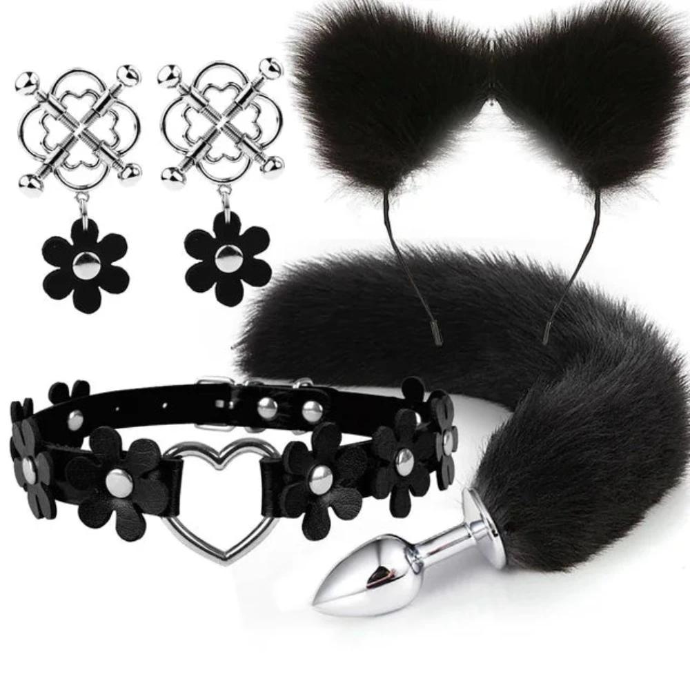 Cute Fox Tail Anal Plug Cat Ears Headbands Set Adult Toys For Women Butt Plug Tails