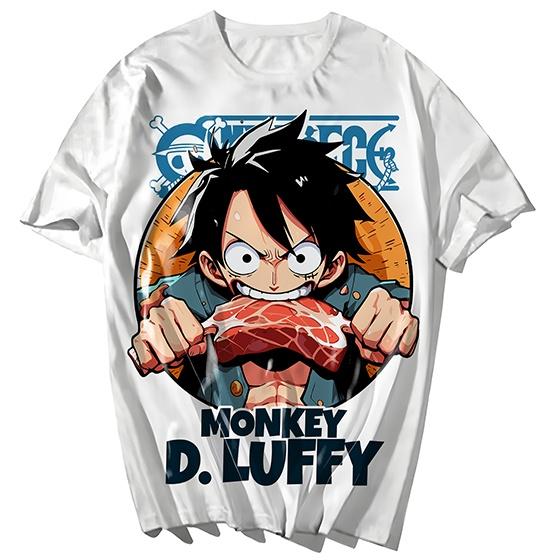 Summer 2026 One Piece Munch D Luffy Meat Scene Theme 100 Cotton Printed Loose Tshirt Male and Female Parentchild Top