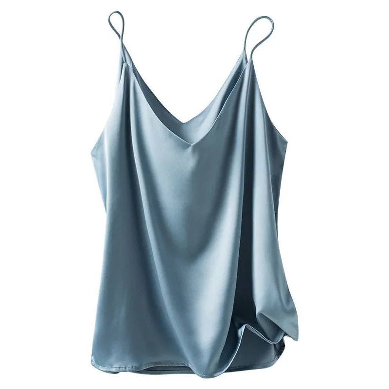 Solid Color Satin V-neck Tank Top for Women Pure Color Satin V-neck Strap Female