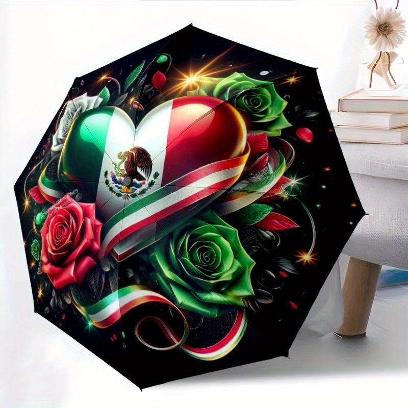 

1pc Mexican Flag Heart Roses Umbrella - Home Essential Portable Folding Umbrella with Durable Iron Frame Suitable for All Seas (as the picture,iron&8K)