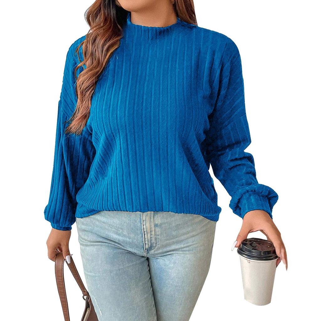 Women's Fashion Casual Strip Brushed Semi-high Neck Solid Color Long Sleeve Top