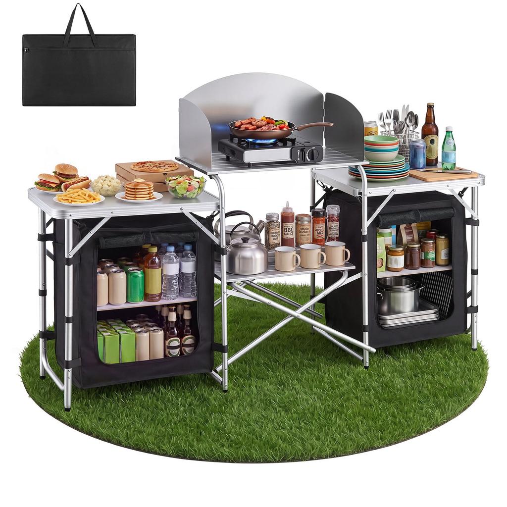 VEVOR Tavolo da campeggio pieghevole, Tavolo portatile in alluminio leggero da esterno, Stazione di cottura da cucina a montaggio rapido, con organizer portaoggetti