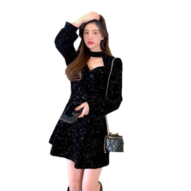 Christmas red fashion versatile neck velvet dress autumn and winter new temperament small design short skirt women
