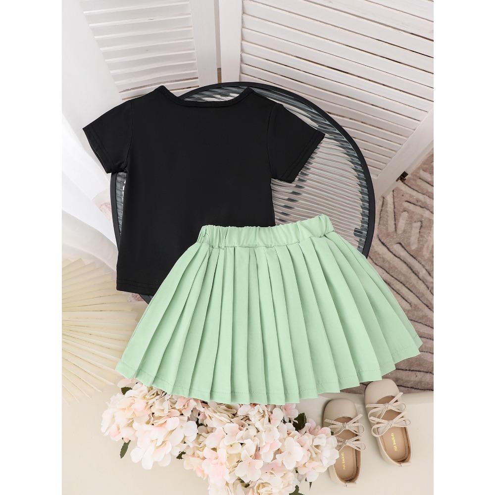 Children's Clothing 2-7Y Girls Skirt Suit Pink Flower Black T-shirt + Pink Pleated Skirt Set Cute Skirt Cotton Short Sleeve