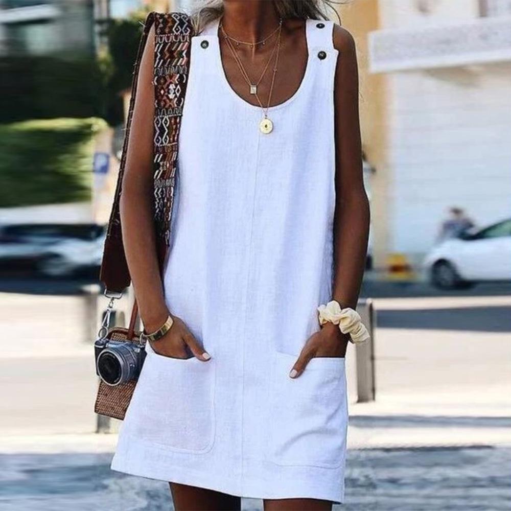 Summer Women's Pocket Button Cotton and Linen Overalls Dress