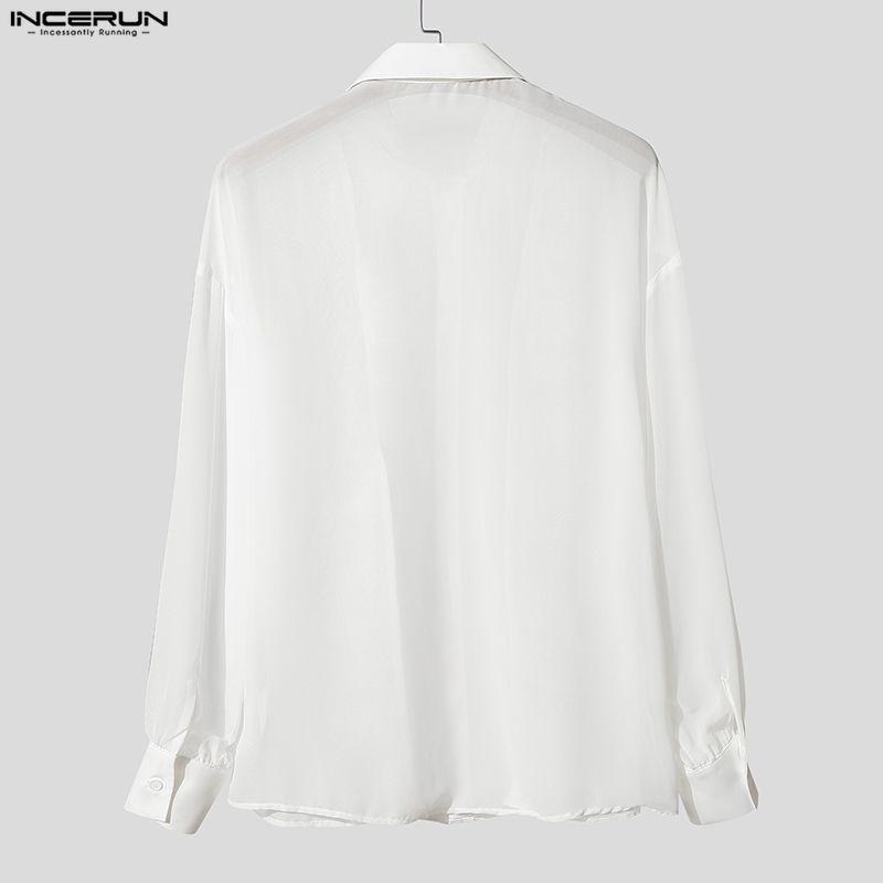 INCERUN Oversized Men Lapel Neck Long Sleeve Ruffled See Through Transparent Party Club Loose Shirts