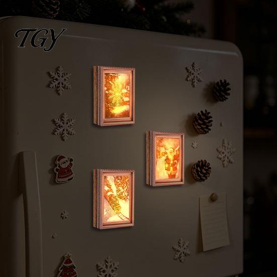 Christmas Refrigerator Magnets 3Pcs Light-up Frame Magnet, Vintage Wooden Picture Frames with Lights Fridge Glowing Magnetic Holder for Cabinet Locker