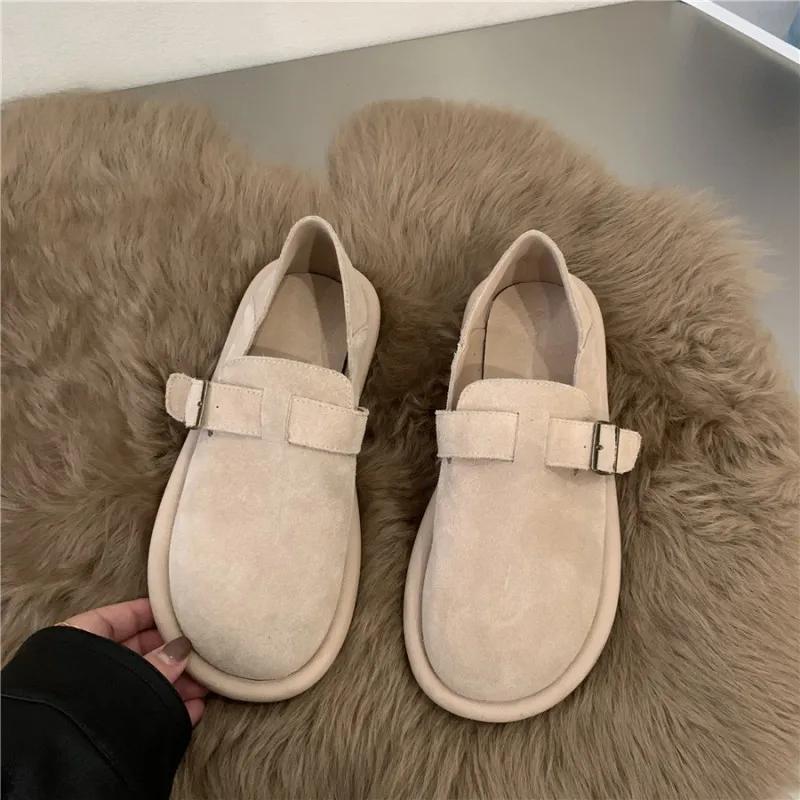 2024 New Women's Shoes Sen Series Khaki Flat Shoes French Retro Single Shoes Lefu Shoes Frosted Boken Shoes Autumn and Winter