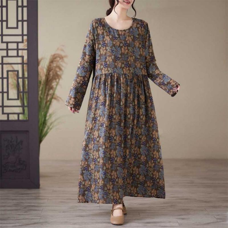 Printed Round Neck Loose Plus Size Long Sleeve Plus Cover Up Dresses
