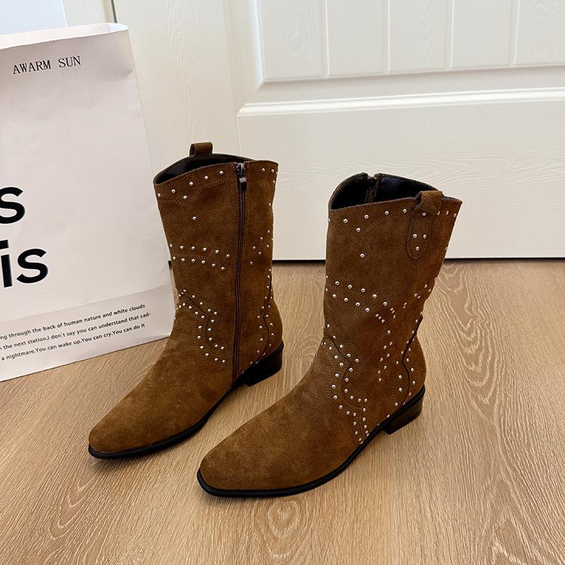 2025 autumn new fashion boots women's shoes low heel medium boots sleeve boots winter suede rivet temperament short boots