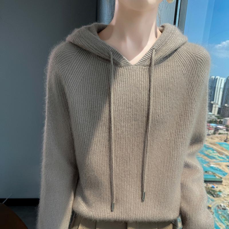 Women's Mink Velvet Hooded Sweater - Autumn/Winter Loose Fit, Slimming Knit Base Layer with Drawstring.
