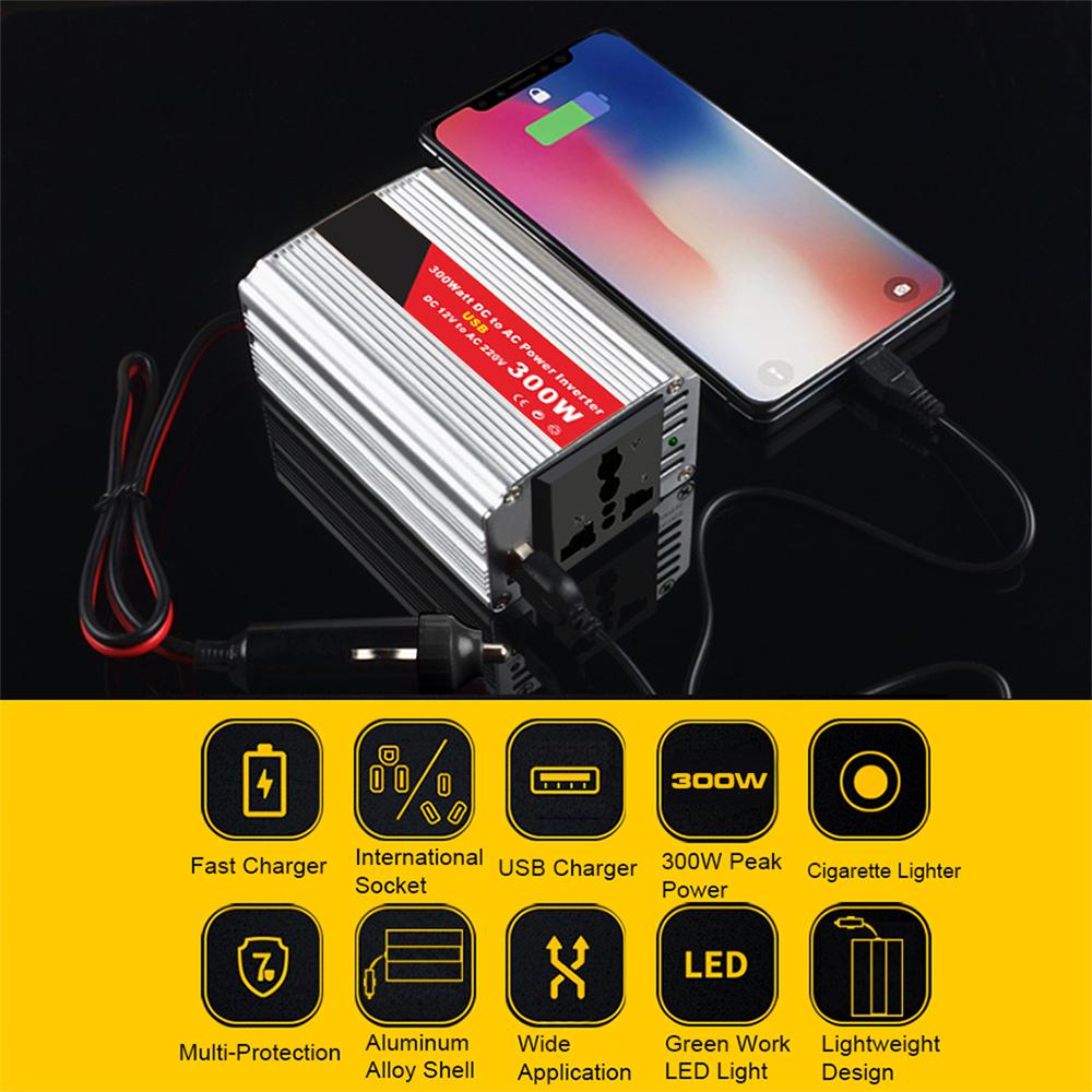 Sine Wave 300W Automobile Power Inverter Converter Adapter DC12V To AC220V Auto Transformer with Dual USB for Outdoor