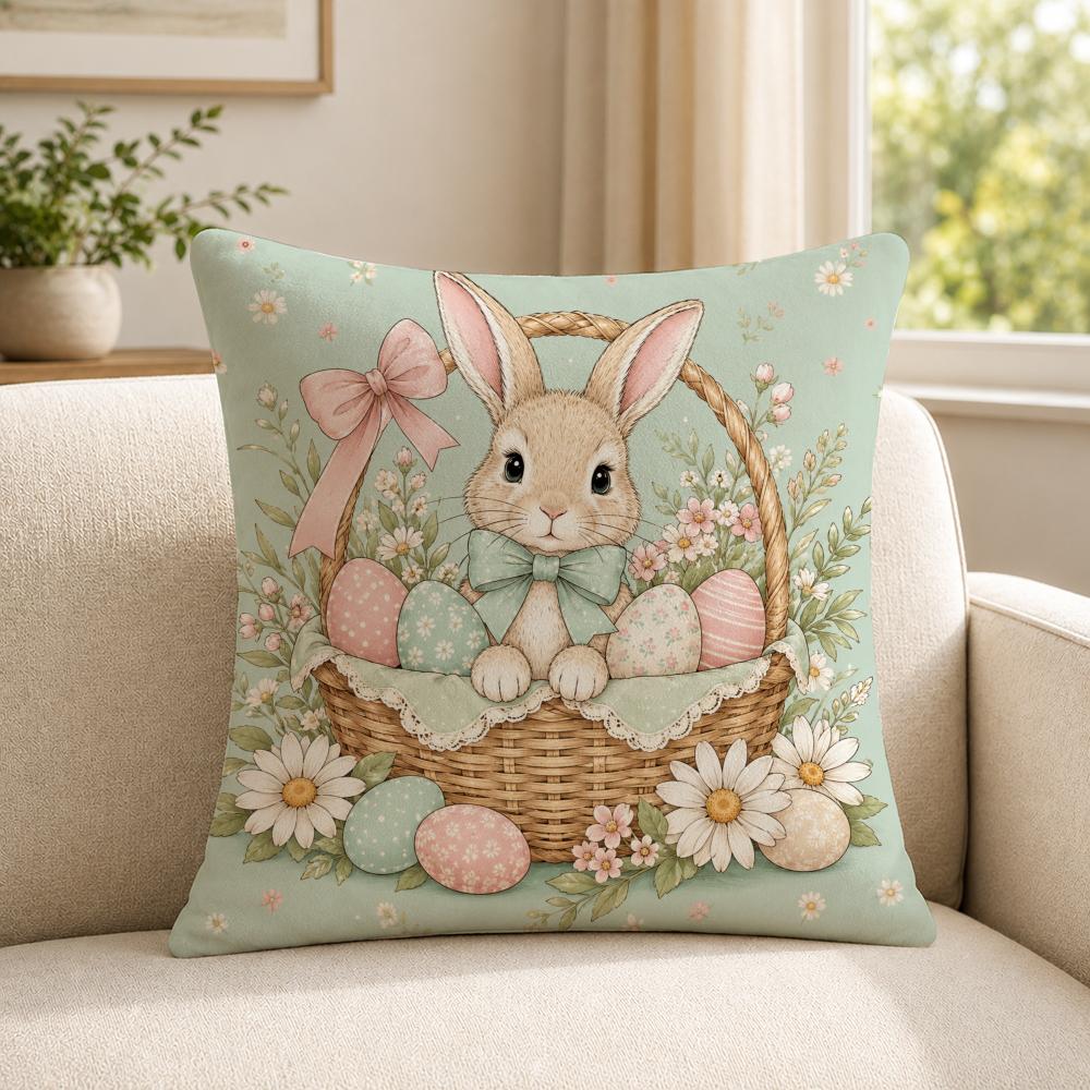 Art Spring Bunnies and Easter Eggs Cushion Cover Soft Short Plush SkinFriendly Cushion Case for MultiScene Use