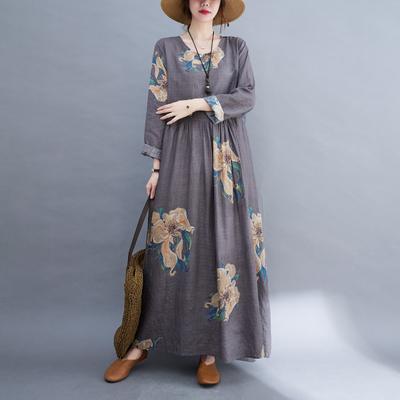 Autumn Literary Plus Size Loose Print Round Neck Long Sleeve Dress Women's Casual Long Dresses