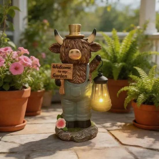 Højlands-ko Havefigur med Solcellelanterne, Velkommen til Min Have Udendørs Harpiks-ko Skulptur til Gårdhave Have Terrasse Græsplæne Dekoration