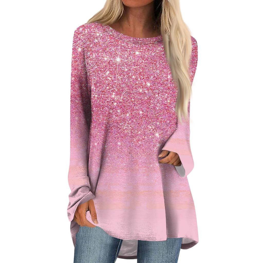 Women's Fashion Casual Long Sleeve  Print Round Neck Pullover Top Blouse