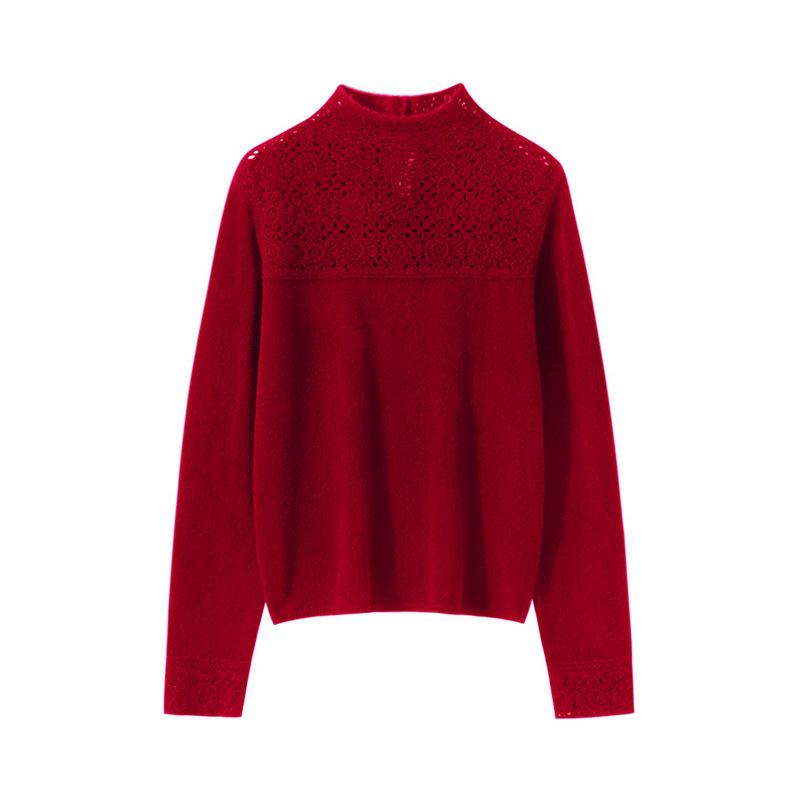 Romantic & Aesthetic High Neck 100% Pure Cashmere Red Sweater – Warm, Soft, Knitted Base Layer for Women