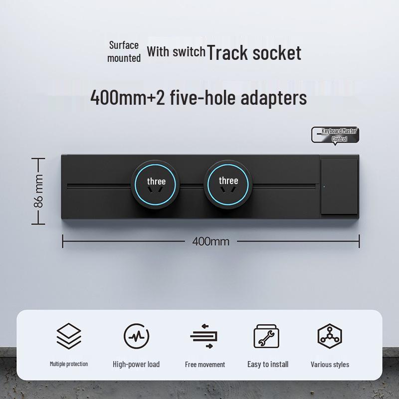 Surface-Mounted Anti-Shock Adjustable Power Strip with Switch Track for Kitchens