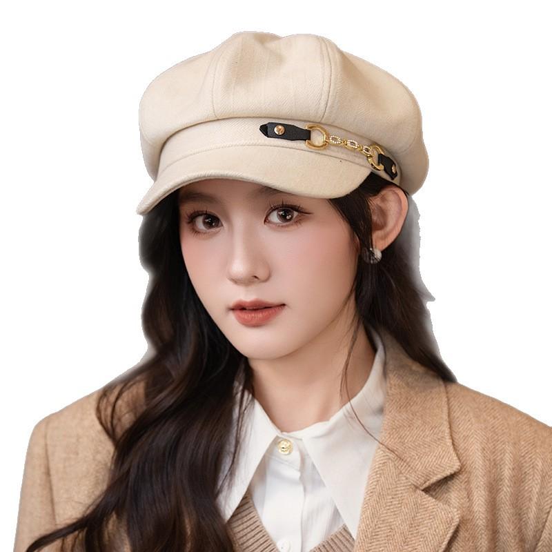 Korean Version of New Belt Chain Beret Women's Autumn and Winter Casual British Style Newspaper Bell Hat Literary Retro Octagonal Hat Trend