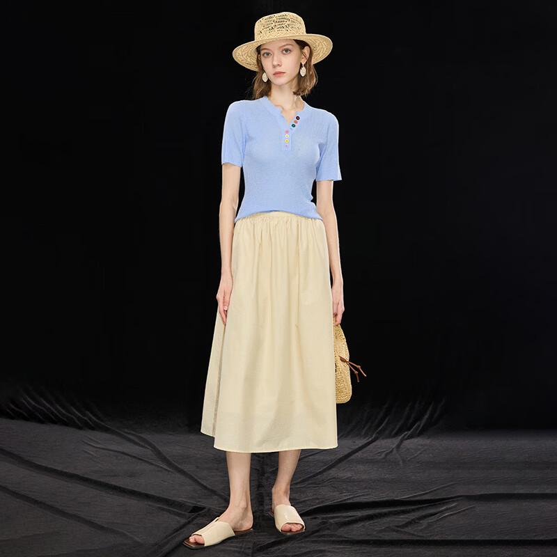 Wudao Women's Summer V-Neck Knit T-Shirt with Tencel-Linen Blend
