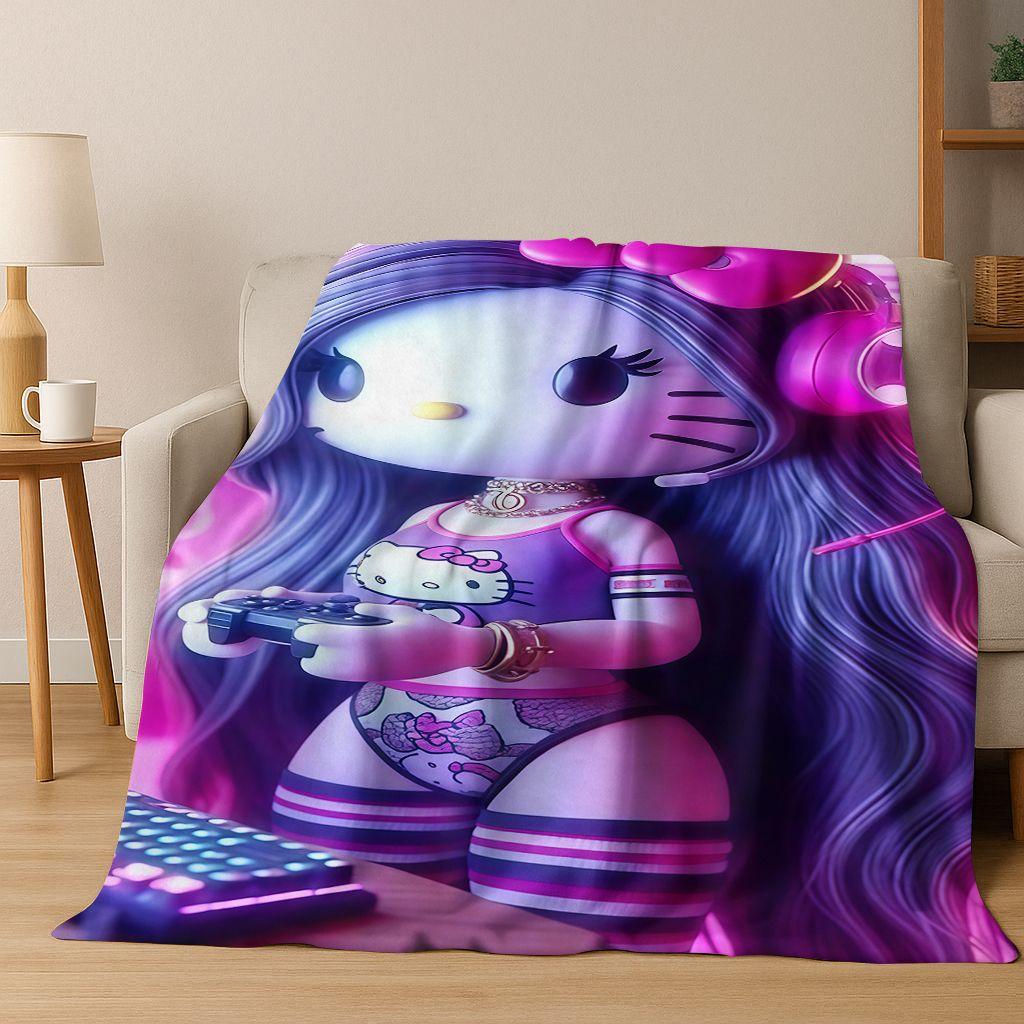 3D Sexy Hello Kitty Cat Girls Cartoon Flannel Blanket,Warm and Cozy Soft Throw Blanket for Home Bedroom Bed Sofa Picnic Cover