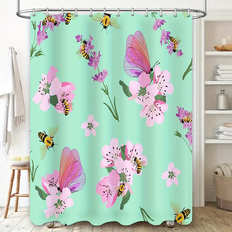 Decorative Floral Shower Curtain with Bees Butterfly Design for Bathroom Decor Waterproof Fabric Material, Suitable for Home Acc