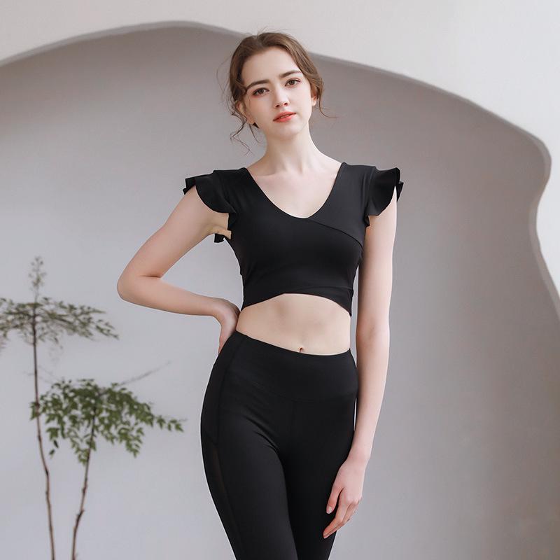 Women's Summer Yoga Top with Chest Pads - Lotus Leaf Short Sleeve for Fitness & Training