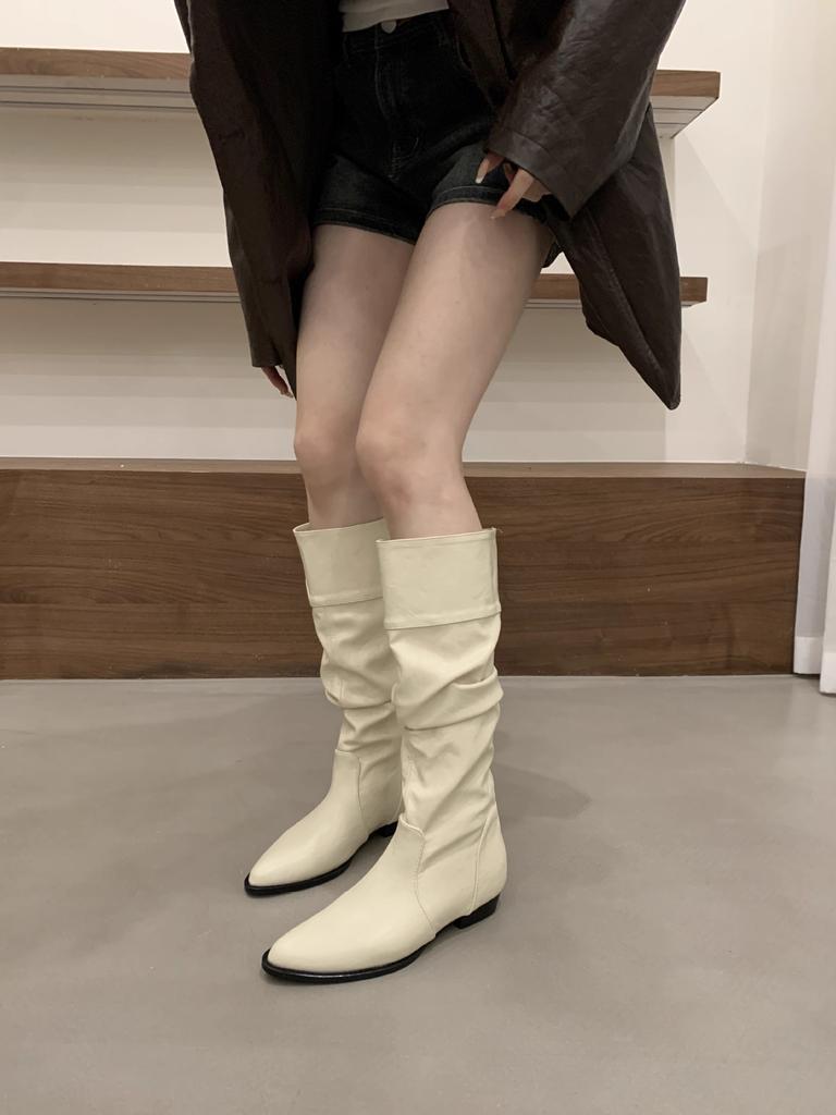 Inner height increase Small man White stacked medium tube Knight boots Women's shoes Autumn and winter Skinny boots Long tube long boots