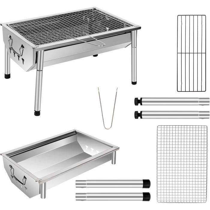SunJas Barbecue Charbon De Bois INOX Ajustable Barbecue Demontable En Acier Portable BBQ Exterieur Grille Sur Pied Pour Jardin Pique