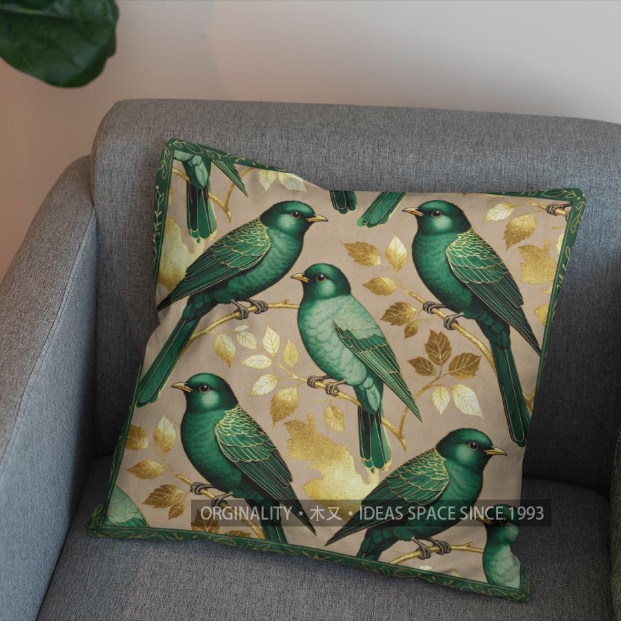 2D Elegant Green Birds Patterned Pillow Cover Pattern Cushion Cover Suitable For Sofa Bedroom Car Pillow Cover