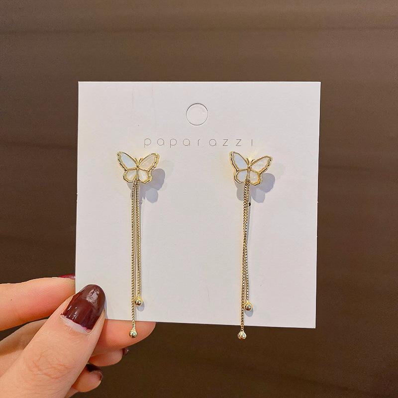 Super Fairy White Mother Shell Butterfly Earrings Long Tassel Temperament Earrings Earrings