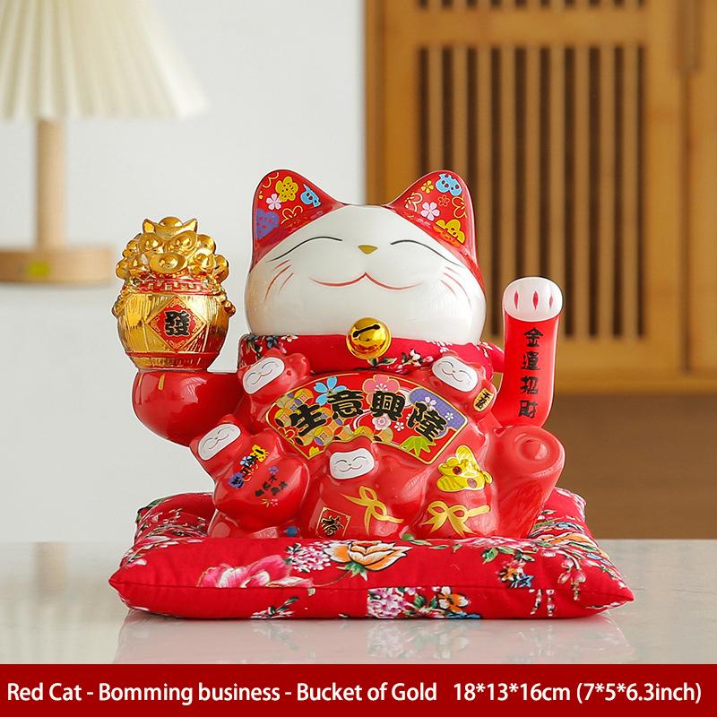 7 Inch Fortune Cat with Waving Arm Ceramic Maneki Neko Feng Shui Ornament Lucky Cat for Shops, Restaurant, Home Table Decoration