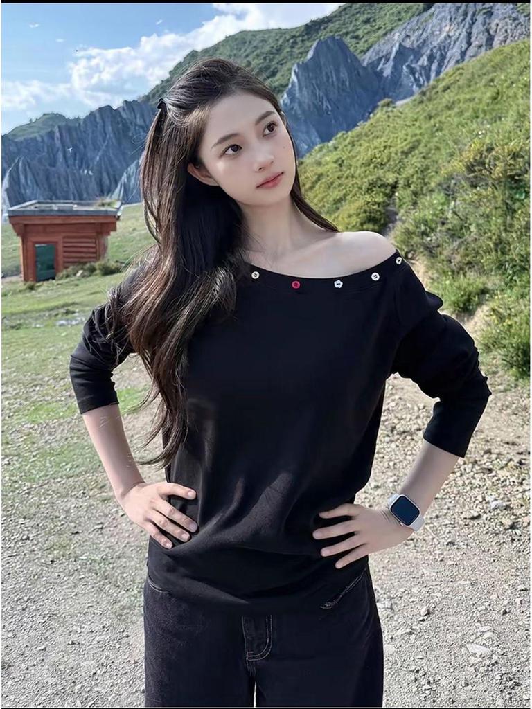 Women's Pure Cotton Slanted Shoulder Long Sleeve Button Top - Versatile Spring & Autumn Style