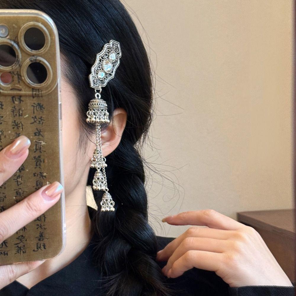 Crystal Turquoise Tassel Bell Hair Clip Vintage Chinese Style Hair Accessories  Women