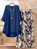 Large Size Women's Seven-quarter-sleeved Irregular Top Plant-printed Wide-leg Pants Casual Two-piece Set Multi-color