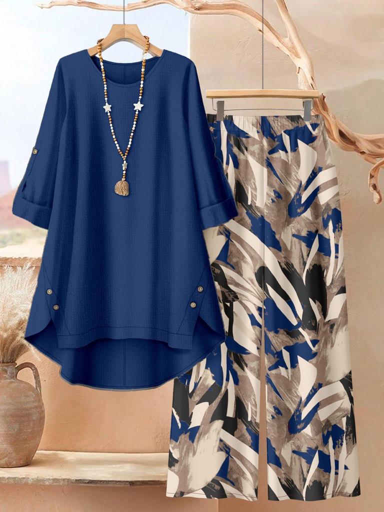 Large Size Women's Seven-quarter-sleeved Irregular Top Plant-printed Wide-leg Pants Casual Two-piece Set Multi-color
