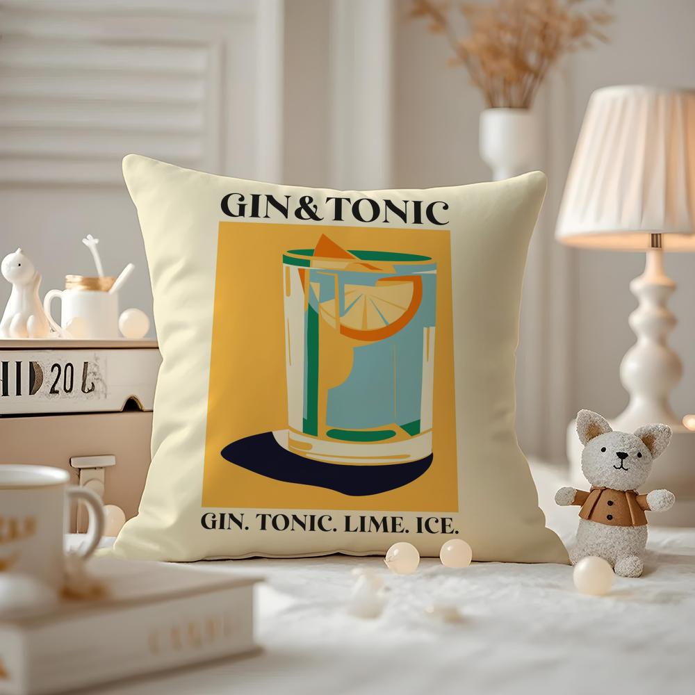 Gin& Tonic Cocktail Painting Cushion Cover Anti-dustmite Pillowcase Invisible Zipper Silky Short Plush Sofa Cushion Cover