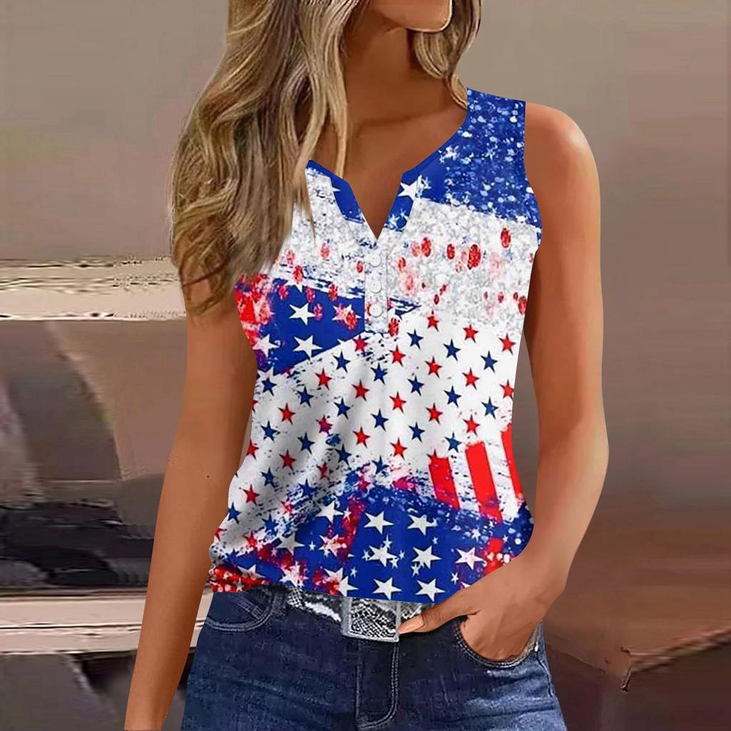 Women's Fashion Casual Sleeveless V-Neck Decorative Button Tee Independence Day Printed Top