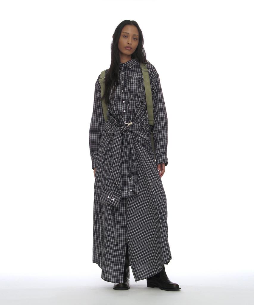 Partimento Woman Sleeve-Tie Shirt Maxi Dress_Navy Check