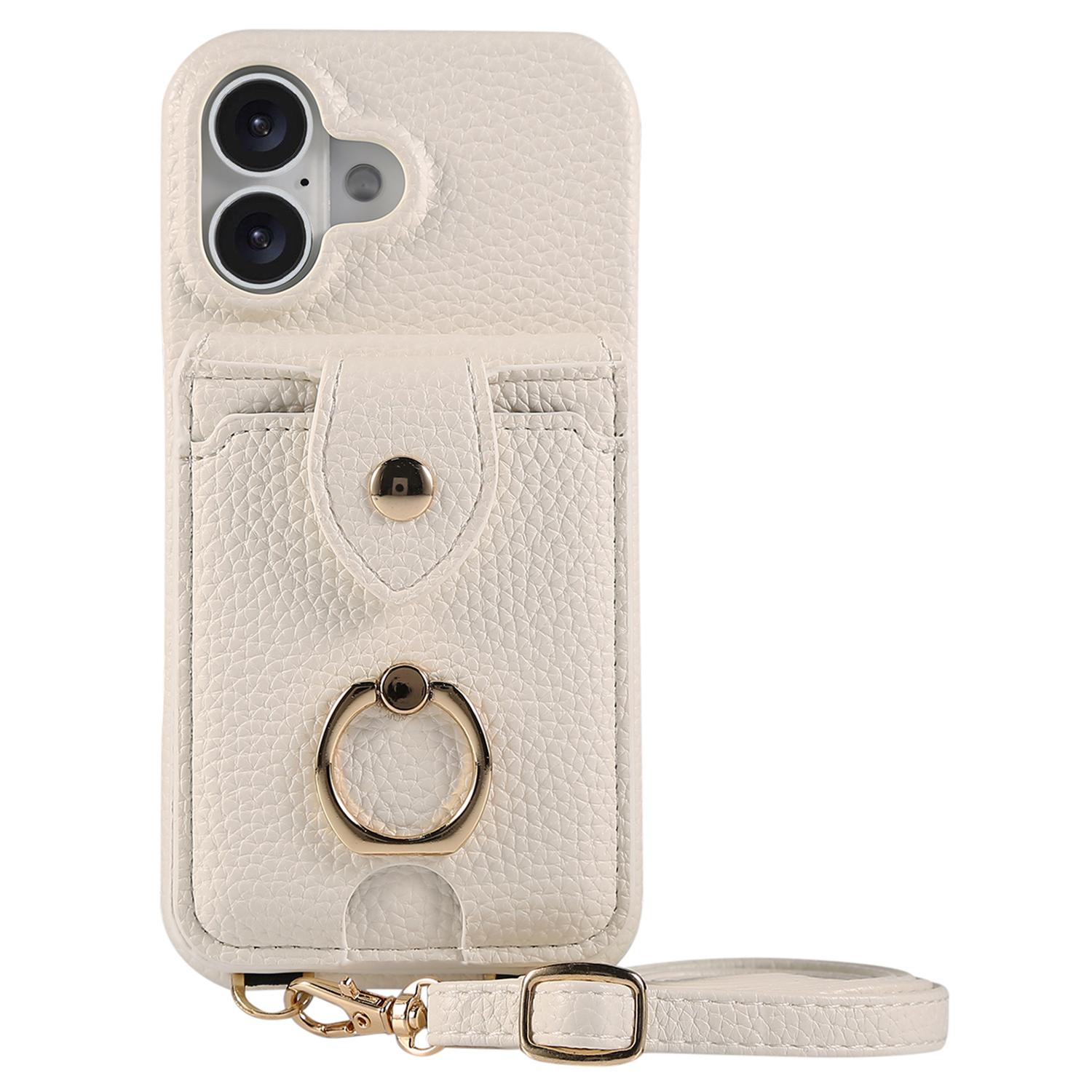 

Для чохла iPhone 16 з тримачем для карток, плечовим ремінцем, кільцем-підставкою з ПК+ТПУ, задньої кришки телефону - сіро-блакитний