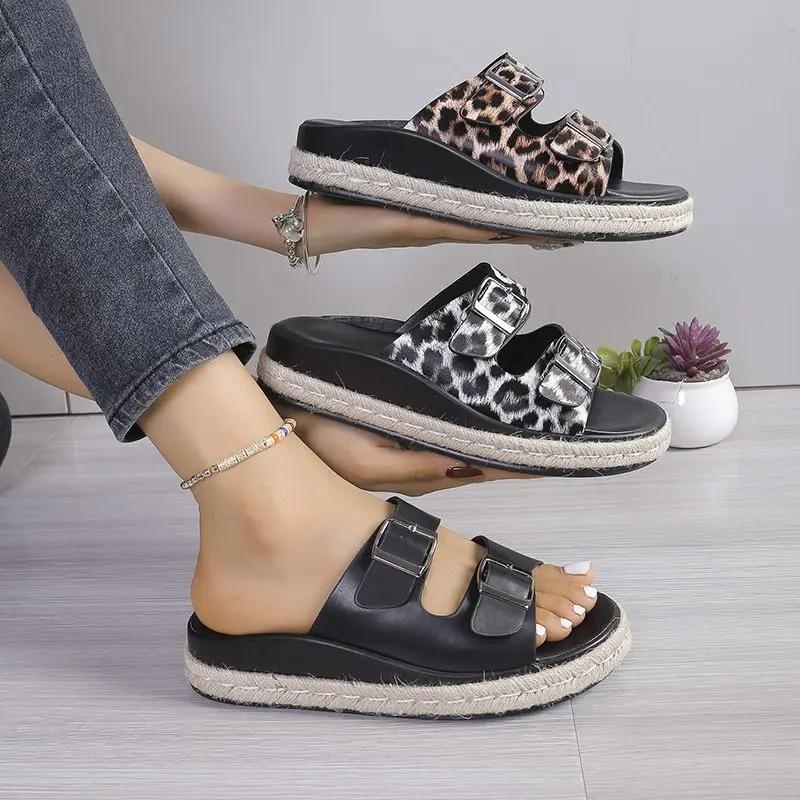 Foreign Trade Large Size Belt Buckle Slippers Women's 2025 New Mori Retro Hemp Rope Thick Bottom Slope Heel Lazy Casual Slippers