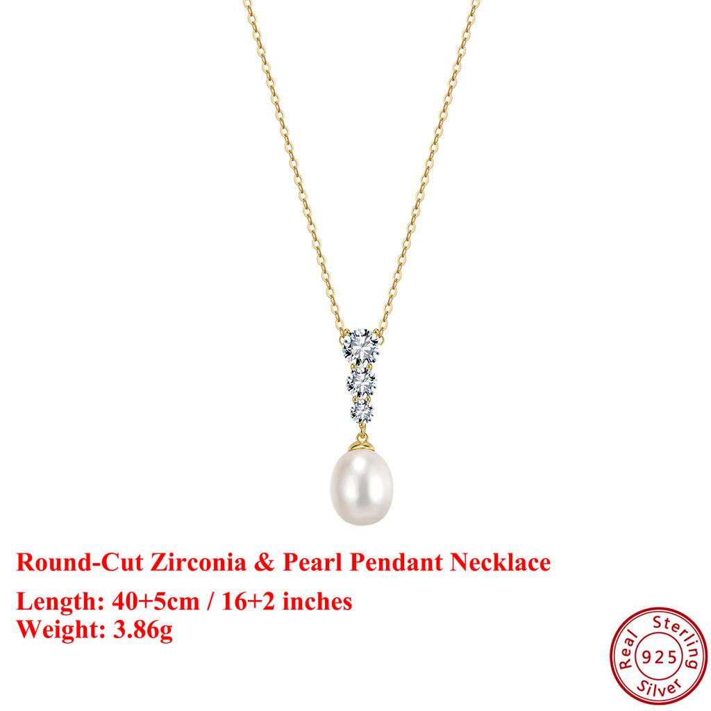 EFFIE QUEEN Genuine 925 Silver 14k Gold Round Pearl & Zirconia Pendant Necklace Banquet Jewelry for Women Wedding Party GPN98