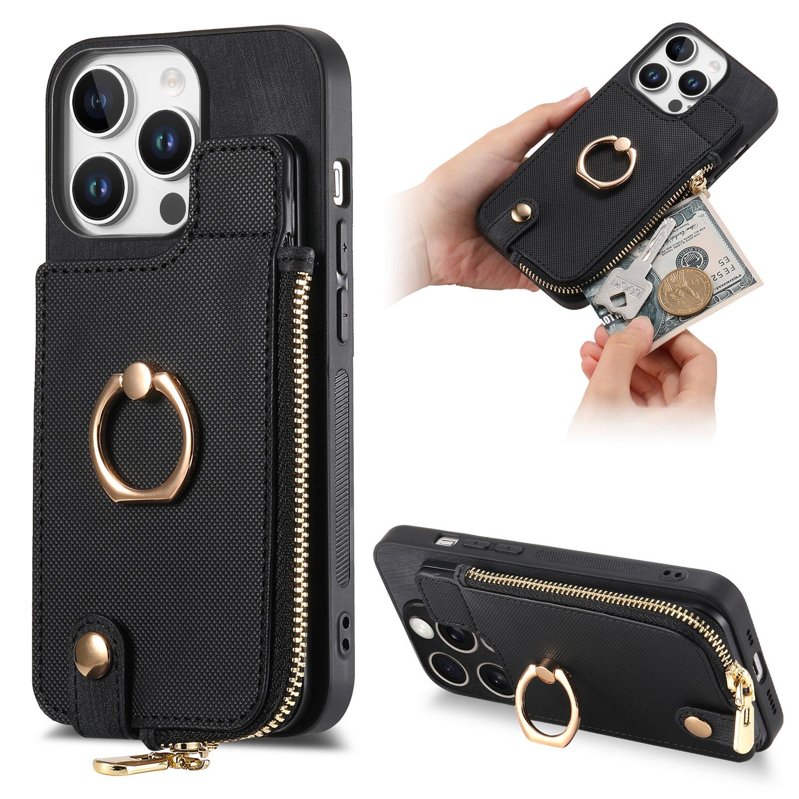 

For iPhone 16 Pro Case Zipper Pocket Kickstand Leather Phone Back Cover Black
