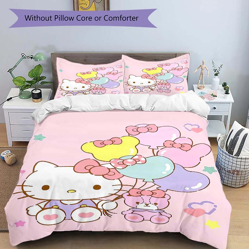 3pcs Bear Balloon & Hello Kitty Sanrio Print Bedding Set (1 Cover + 2 Pillowcases, Without Inserts), Soft and Comfortable W007