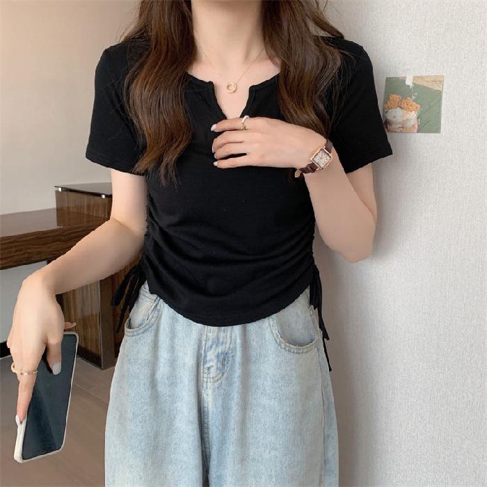 2024 Summer Women's Slim V-Neck Drawstring T-Shirt - Solid Color Short-Sleeve Trendy Student Top