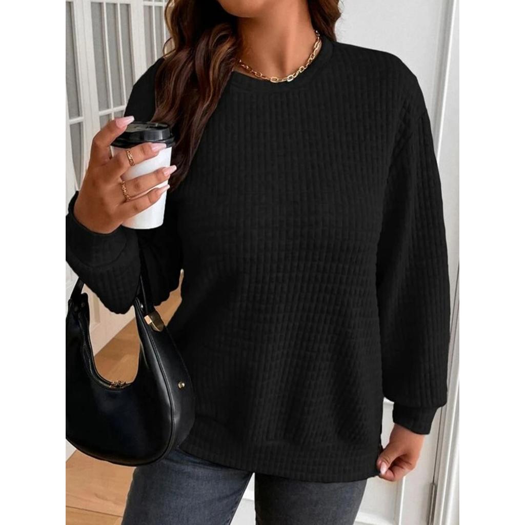 Fall Winter Women's Solid Color Loose Button Crew Neck Patchwork Long Sleeve Sweatshirt